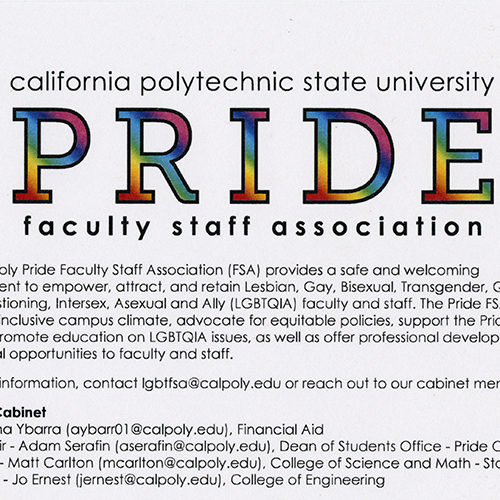 Detail of a small flier for the Cal Poly Pride Faculty Staff Association with information on cabinet members.
