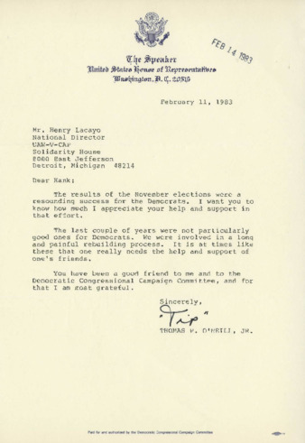 Letter from Thomas O'Neill ("Tip") February 11, 1983 thumbnail