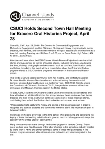 CSUCI Holds Second Town Hall Meeting for Bracero Oral Histories Project, April 28 thumbnail