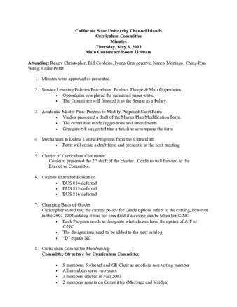 Curriculum Committee Meeting Minutes for May 8, 2003 thumbnail