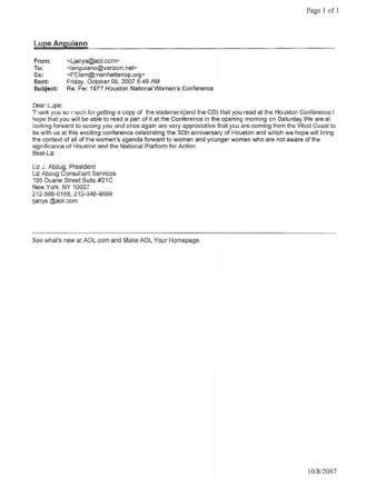E-mail from Liz Abzug to Lupe Anguiano - Thank you thumbnail