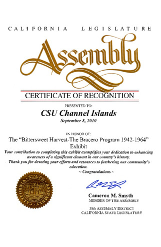Certificate of Recognition for "Bittersweet Harvest: The Bracero Program, 1942-1964" thumbnail