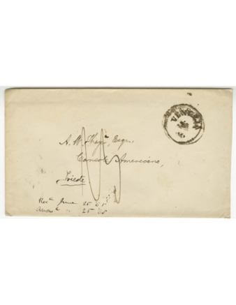 Envelope for a letter sent to A. W. Thayer in Trieste from an unknown sender in Venice in June 1865. thumbnail