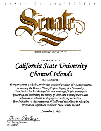 California State Senate: Certificate of Recognition for "Bittersweet Harvest: The Bracero Program 1942-1964" thumbnail
