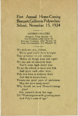 First Annual Home-Coming Banquet, California Polytechnic School, November 15, 1924 [program] thumbnail