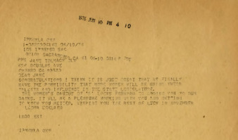 Telegram from Leona Egeland to Jane Tolmach thumbnail