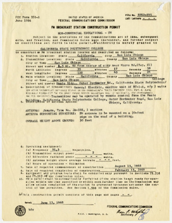 FCC Issued FM Broadcast Station Construction Permit, 1968 thumbnail
