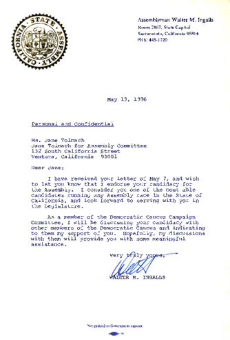 Letter to Jane Tolmach from Walter M. Ingalls thumbnail