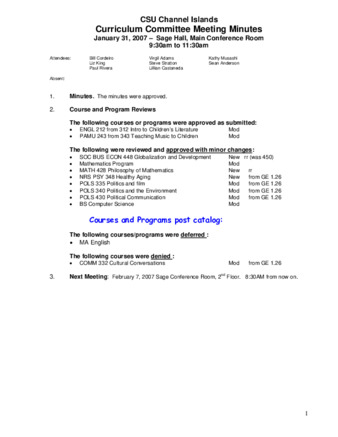 Curriculum Committee Meeting Minutes for January 31, 2007 thumbnail