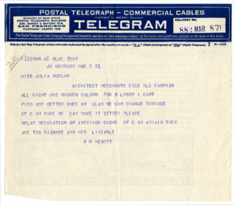 Telegram from William Randolph Hearst to Julia Morgan, March 8, 1921 thumbnail