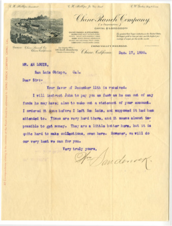 Letter from William Sandercock at the Chino Ranch Company thumbnail