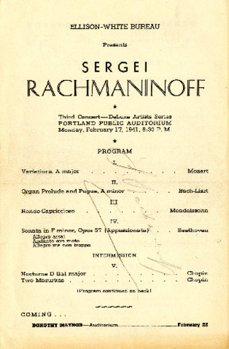 Sergei Rachmaninoff, Third Concert, DeLuxe Artists Series Portland Public Auditorium Monday, February 17, 1941 thumbnail