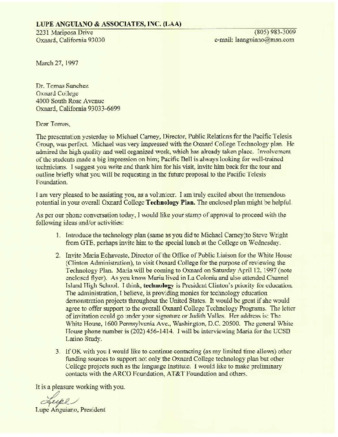 Letter from Lupe Anguiano to Dr Tomas Sanchez regarding the Oxnard College Technology Plan thumbnail
