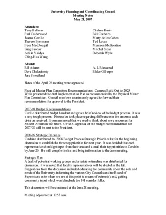 University Planning and Coordinating Council Meeting Notes May 24, 2007 thumbnail