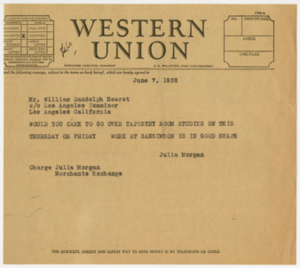 Telegram from Julia Morgan to William Randolph Hearst, June 7, 1932 thumbnail