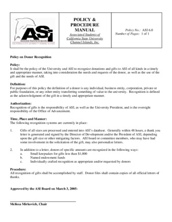 2006 ASI Policy - Donor Recognition thumbnail