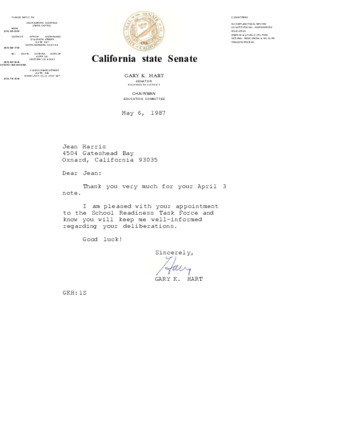 May 6, 1987 letter to Jean Harris thumbnail