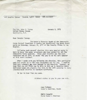 Letter to John V. Tunney from Jane Tolmach and Adele Leopold thumbnail