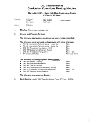 Curriculum Committee Meeting Minutes for March 28, 2007 thumbnail