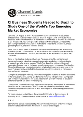 CI Business Students Headed to Brazil to Study One of the World's Top Emerging Market Economies thumbnail