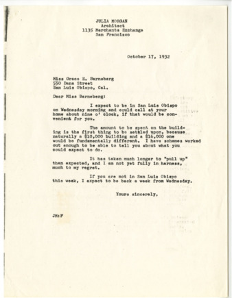 Correspondence from the office of Julia Morgan to Grace Barneberg, October 17, 1932 thumbnail