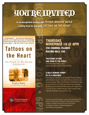 You're invited to an exceptional evening with Father Gregory Boyle reading from his new book "Tattoos on the Heart"You're invited to an exceptional evening with Father Gregory Boyle reading from his new book "Tattoos on the Heart" thumbnail