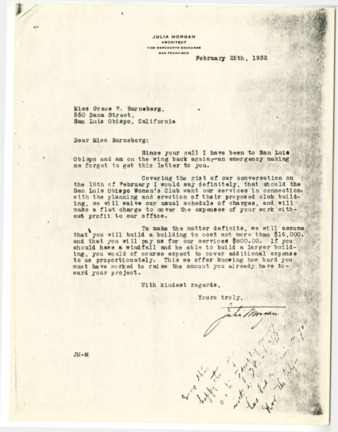 Correspondence from Julia Morgan to Grace Barneberg, February 25, 1932 thumbnail