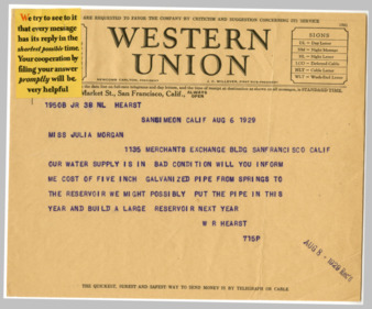 Telegram from William Randolph Hearst to Julia Morgan, August 6, 1929 thumbnail