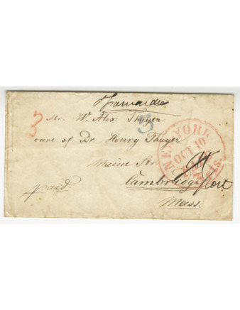 Envelope for letter sent to A. W. Thayer in Cambridgeport, Mass., from New York, stamped 10 October (year unknown). thumbnail