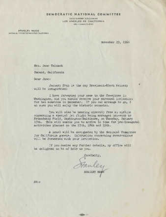 Letter to Jane Tolmach from Stanley Mosk thumbnail