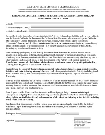 Release of Liability, Waiver of Right to Sue, Assumption of Risk and Agreement to Pay Claims (form) thumbnail