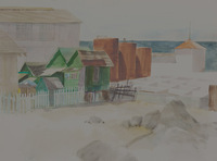 Cannery Row With Green Shacks And Red Tanks thumbnail