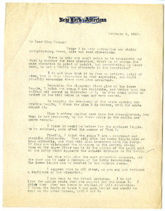 Letter from William Randolph Hearst to Julia Morgan, February 9, 1920 thumbnail