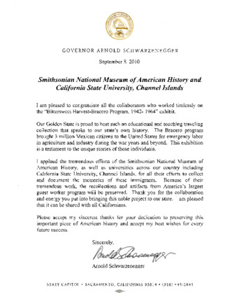 Letter of Congratulations to the Smithsonian National Museum of American History and California State University, Channel Islands thumbnail