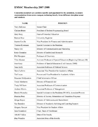 Enrollment Management for Student Success Committee (EMSSC) Membership 2007-2008 thumbnail