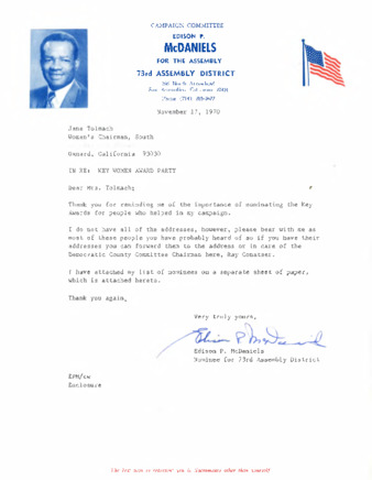 Letter to Jane Tolmach from Edison P. McDaniels thumbnail