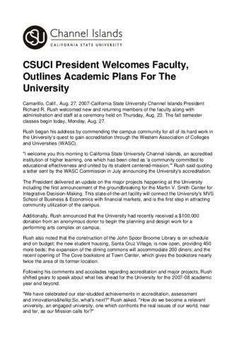 CSUCI President Welcomes Faculty, Outlines Academic Plans For The University thumbnail