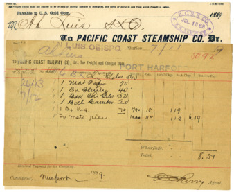[Freight bill from the Pacific Coast Railway Company to Ah Louis] thumbnail