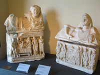 Pair of Funerary Urns | Alabaster urn of the "Ionic Kymaton I" group and Limestone urn with non-matching alabaster lid thumbnail