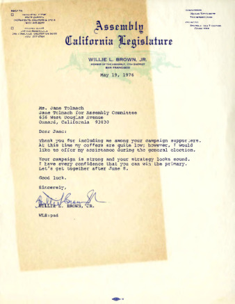 Letter to Jane Tolmach from Willie L. Brown Jr. thumbnail