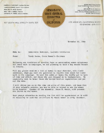 Memo from Trudy Owens and letter from Jesse M. Unruh thumbnail