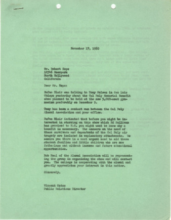 Letter from Vincent Gates to Robert Hope, November 17, 1960 thumbnail