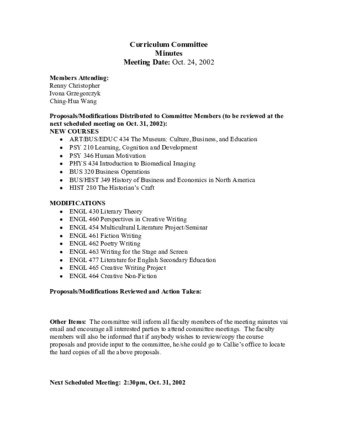 Curriculum Committee Meeting Minutes for October 24, 2002 thumbnail