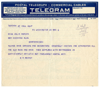 Telegram from William Randolph Hearst to Julia Morgan, March 4, 1921 thumbnail