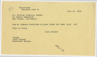 Telegram from Julia Morgan to William Randolph Hearst, June 23, 1933 thumbnail