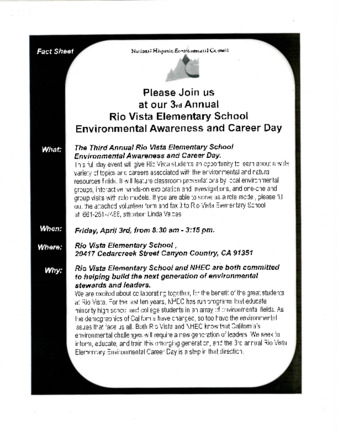 Invitation to 3rd Annual Environmental Awareness and Career Day at Rio Vista Elementary thumbnail