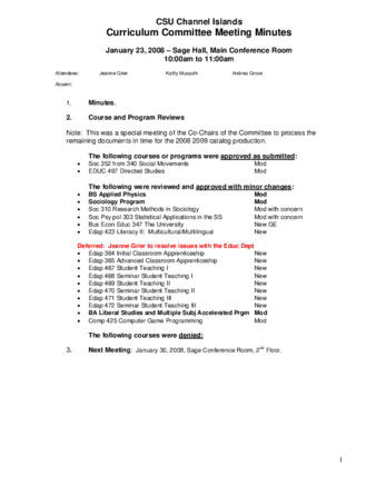 Curriculum Committee Meeting Minutes for January 23, 2008 thumbnail
