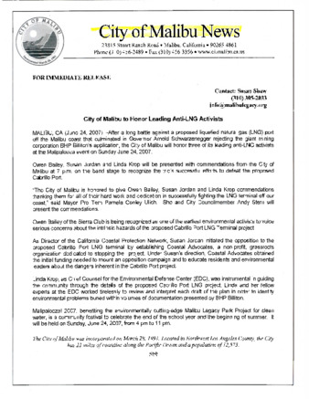 City of Malibu to Honor Leading Anti-LNG Activists thumbnail