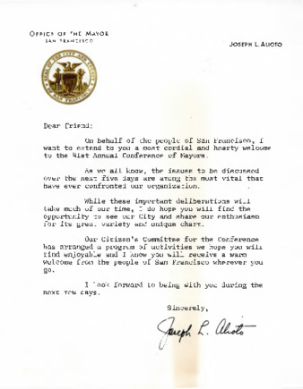 Letter from Mayor Joseph L. Alioto of San Francisco thumbnail