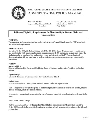 SA.21.003 - Policy on Eligibility Requirements for Membership in Student Clubs and Organizations (Supersedes SA.21.002) thumbnail